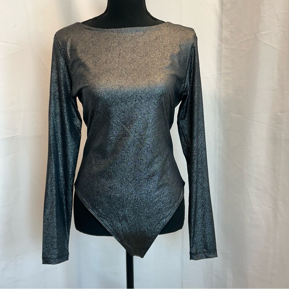 Retrod dark metallic silver long sleeve crewneck bodysuit Sz XL NWT